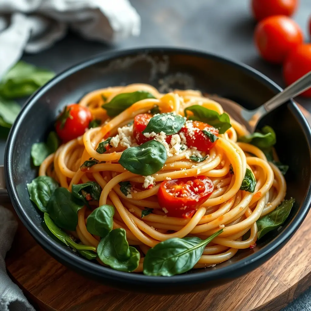 One-Pan Pasta with Tomatoes and Spinach